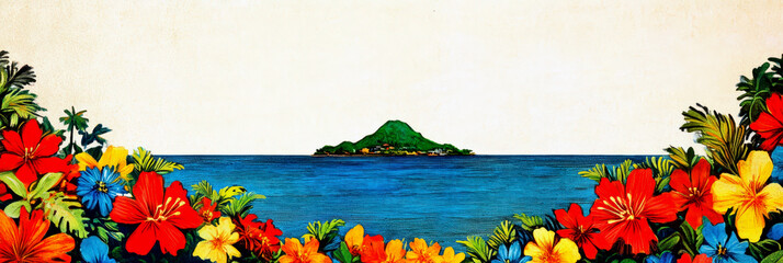 Celebrating the vibrant spirit of Mauritius independence day with lush island scenery and tropical blooms. Horizontal banner. Copy space. Mauritius surrounded by red, blue and yellow flowers