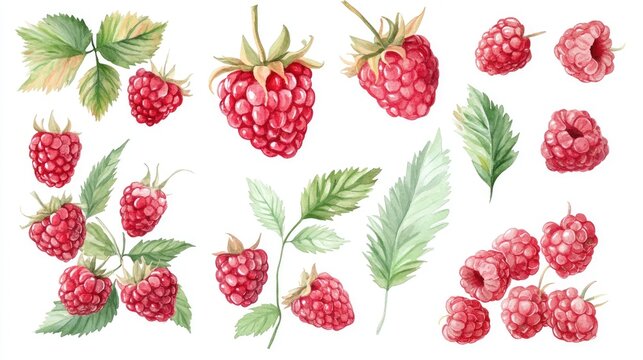 A collection of watercolor elements featuring fresh raspberries accompanied by leaves ideal for postcards and design purposes