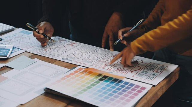 Web design process. The web designer creating a mockup of the mobile application according to the customer's brief. Samples and sketches laying at the table