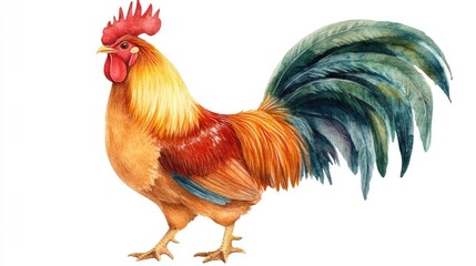 Fototapeta premium Watercolor illustration of a rooster hand drawn artistic depiction of fowl