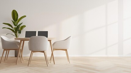 Modern office workspace with minimal design, featuring a wooden table, stylish chairs, laptops, and a decorative indoor plant for a fresh ambiance.