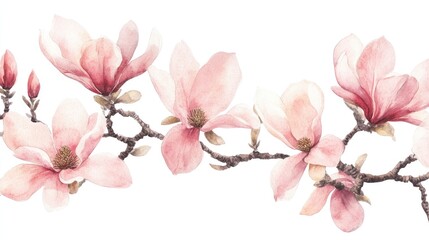 Obraz premium Pink magnolia flower branches watercolor illustration on a white background spring flora hand drawn design
