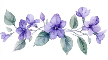 Fototapeta premium Watercolor arrangement of violet flowers with leaves Composition of wild plants featuring purple petals Botanical clipart for wedding designs and postcards Hand drawn illustration