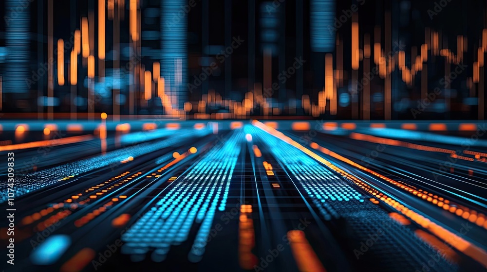 Aufkleber Abstract digital visualization with glowing data lines and graphs.