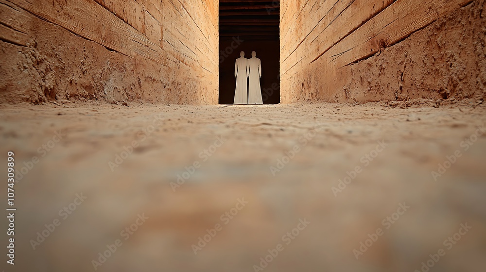 Poster mysterious figures stand in a dimly lit passage evoking intrigue and curiosity in the viewer