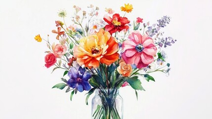 Watercolor illustration of a stunning flower bouquet arranged in a vase