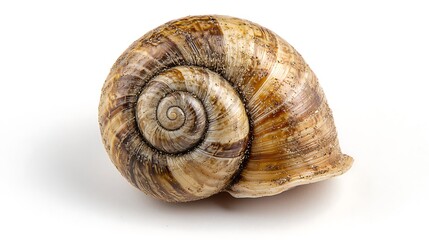 Closeup of Snail Shell with Brown and White Stripes on White Background