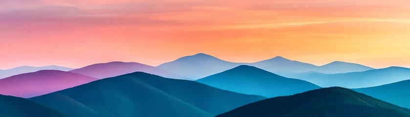 Stunning mountain landscape with layered peaks under a vibrant sunset sky. The colors transition from deep blue to soft purple, creating a serene atmosphere.