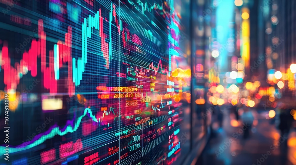 Poster financial market data visualization with colorful graphs and charts.