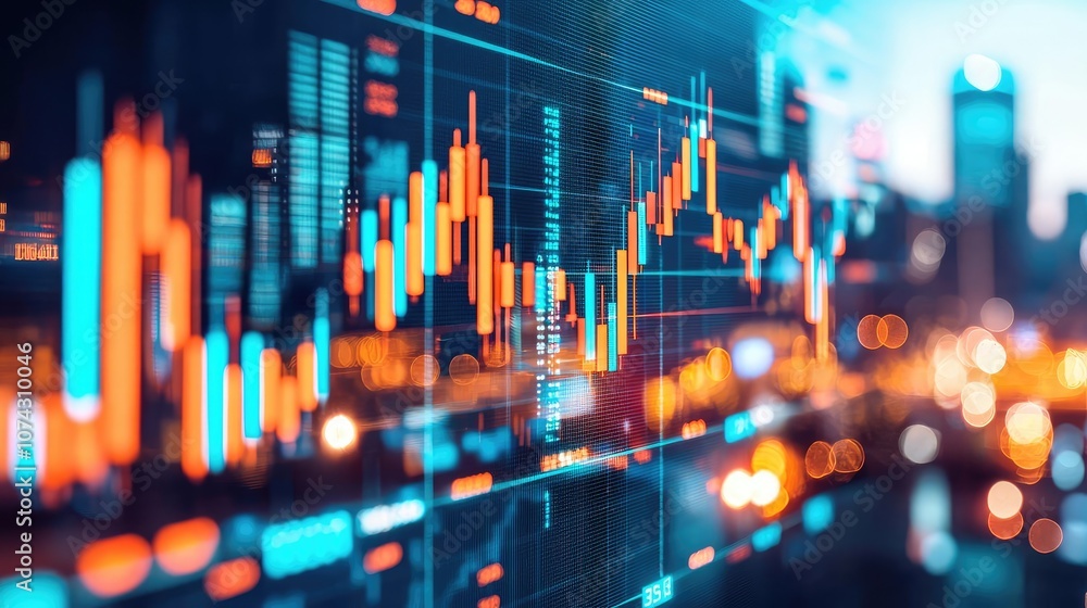 Poster abstract financial chart with glowing lines, representing market trends and data analysis.
