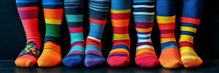 Colorful socks celebrating World down syndrome day: diversity and unity. Horizontal banner. Copy space