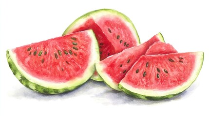 Isolated watercolor illustration of sliced red watermelon in a hand drawn style suitable for a farmer s market menu