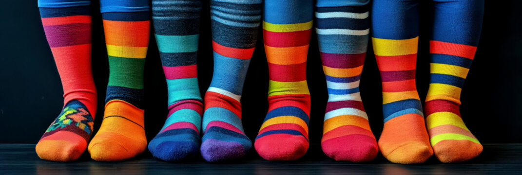 Colorful socks celebrating World down syndrome day: diversity and unity. Horizontal banner. Copy space