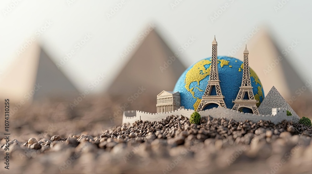 Poster miniature landmarks on globe with pyramids in background, creative travel concept.