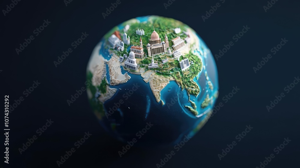 Poster detailed 3d model of a globe showcasing diverse landscapes and architecture.