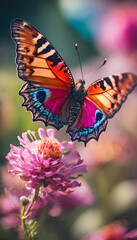 Obraz premium A vibrant butterfly with colorful wings perched on a pink flower, surrounded by a blurred background of more flowers, creating a serene and natural scene.