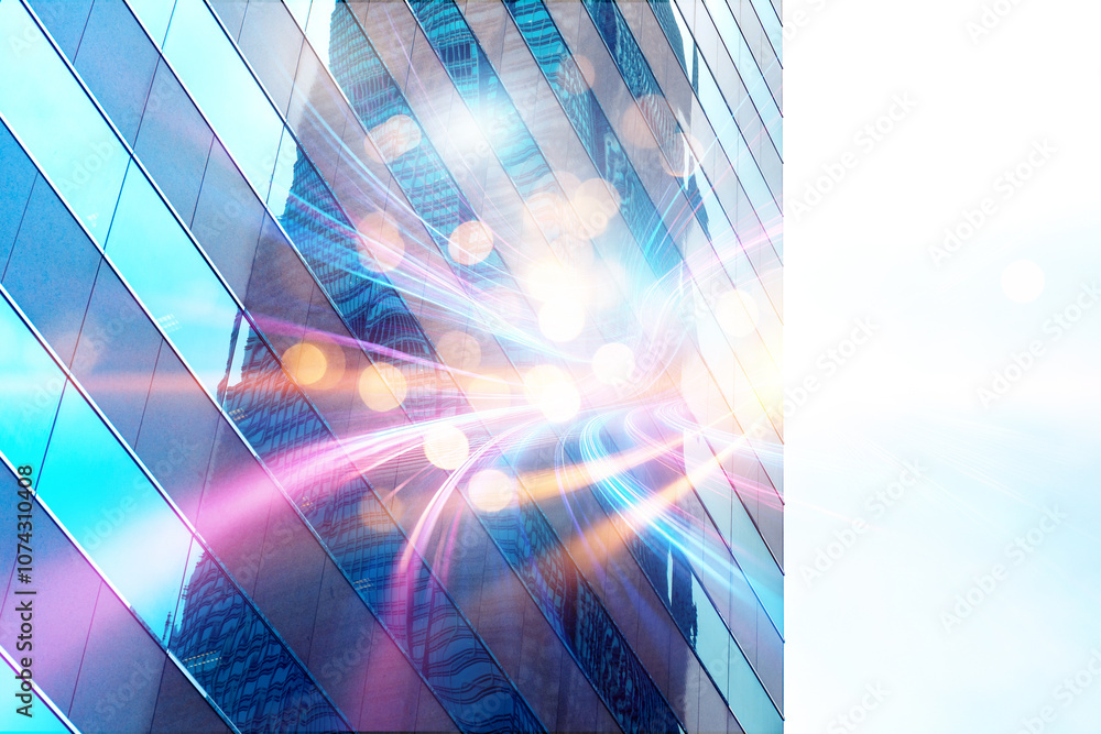 Poster a modern skyscraper with streaks of colorful light emanating from a central point.