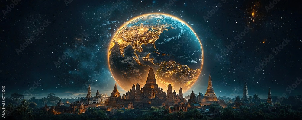 Aufkleber futuristic cityscape with an illuminated planet in dark space.