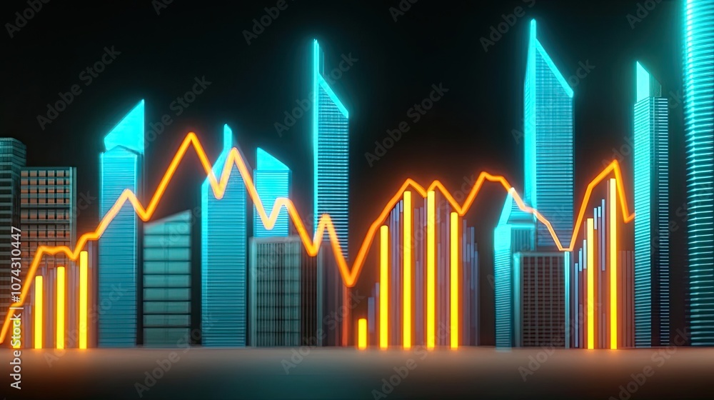 Poster modern city skyline with neon graph showing data trends on a black background.