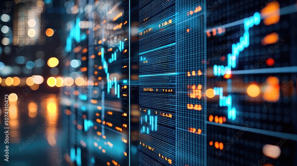 Poster digital financial graphs on display with blurred city lights background.