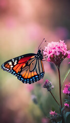Naklejka premium A vibrant butterfly with colorful wings perched on a pink flower, surrounded by a blurred background of more flowers, creating a serene and natural scene.