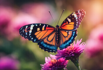 Fototapeta premium A vibrant butterfly with colorful wings perched on a pink flower, surrounded by a blurred background of more flowers, creating a serene and natural scene.