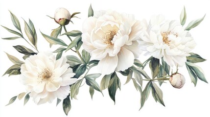 Obraz premium Watercolor bouquet of peonies featuring a blend of white and pink flowers along with green leaves on a white background Suitable for greeting cards wedding invitations and fabric designs