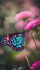 Obraz premium A vibrant butterfly with colorful wings perched on a pink flower, surrounded by a blurred background of more flowers, creating a serene and natural scene.