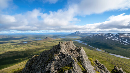 Fototapeta premium Rugged Mountain Landscape with Vast Valley View, Expansive Natural Scenery Highlighting Wilderness and Adventure