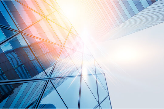 A low-angle view of a modern glass skyscraper with a bright sun shining through the windows.