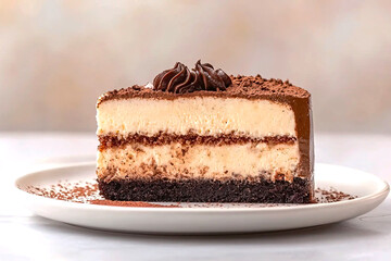 Authentic dessert setting featuring a classic Italian tiramisu slice, layered with rich mascarpone and cocoa, creating a cozy