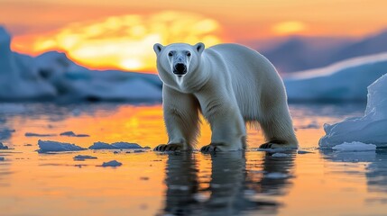 Polar bear standing in icy water during sunset, beautiful natural scenery.