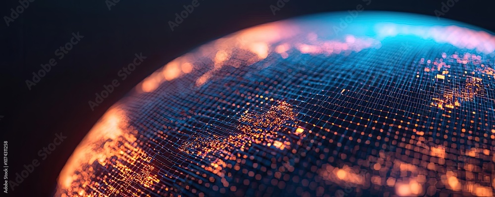 Leinwandbilder Abstract digital globe with illuminated network nodes and grid pattern, dark background.
