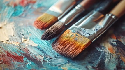 Fototapeta premium Watercolor paint palette and brushes on a wooden surface close up