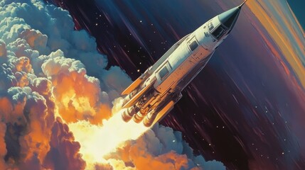 Naklejka premium Classic-style rocket launch illustration, bright retro colors and space-themed design, evoking a sense of adventure