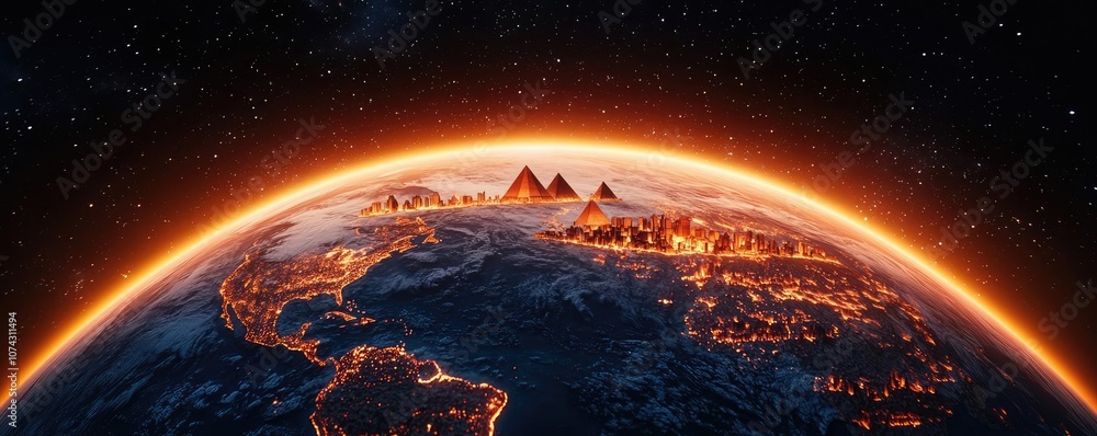 Poster stunning view of earth showcasing pyramids with a fiery glow in space.