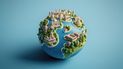 Fototapeta premium Colorful globe with miniature landmarks surrounded by water and greenery.