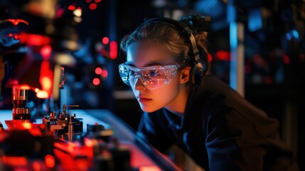 Young Scientist in Laboratory Wearing Safety Goggles, Focused on Experiment and Technology Innovation