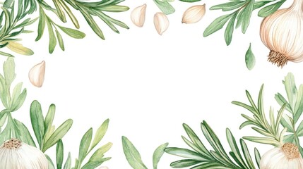 Aromatic kitchen herbs including garlic and rosemary depicted in a watercolor frame a hand painted composition suitable for cards invitations recipes cookbooks packaging and product labels