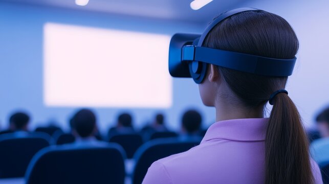 Modern Virtual Reality Classroom Setting With Students Using VR Headsets During Interactive Learning Session Digital Education Technology Integration Contemporary Teaching Methods Future School