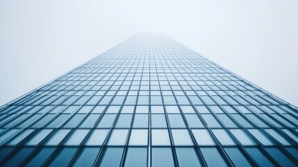 A towering glass skyscraper stretches into a foggy sky, showcasing modern architecture.