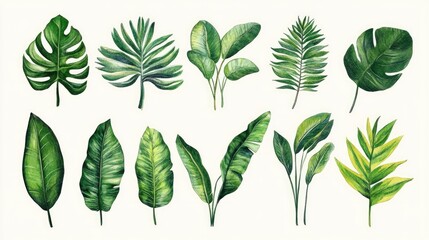 Collection of retro tropical foliage on a light backdrop watercolor artwork jungle theme