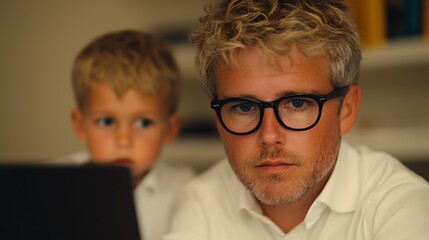 Focused father works on laptop while son observes intently in cozy home setting