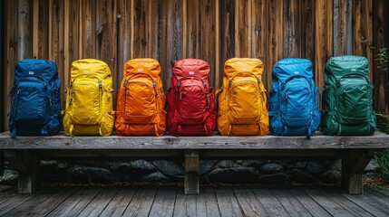 A vibrant row of colorful backpacks displayed neatly on a wooden bench against a rustic wooden backdrop