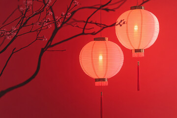 Obraz premium scene with lanterns on a red background. Chinese New Year concept