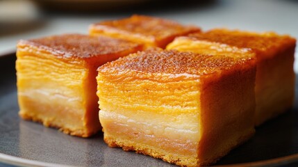 Close-up of pork belly's crispy golden skin, juicy interior, appetizing texture.