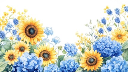 Watercolor floral frame in blue and yellow featuring sunflowers herbs wildflowers and hydrangeas Ideal for use in cards logos postcards and wedding invitations