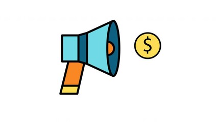 blue and orange megaphone next to a yellow circle with a black dollar sign inside it. This combination of elements suggests a concept related to marketing, advertising, or promotion
