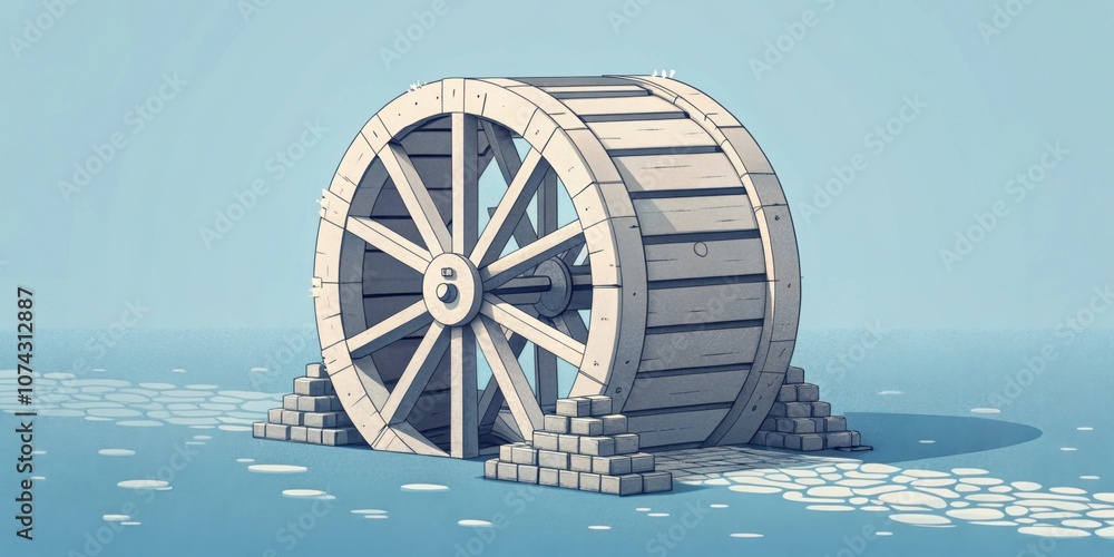 Poster spinning cart wheel a simplistic 3d cart wheel rendered in muted grays and whites with slight pixela