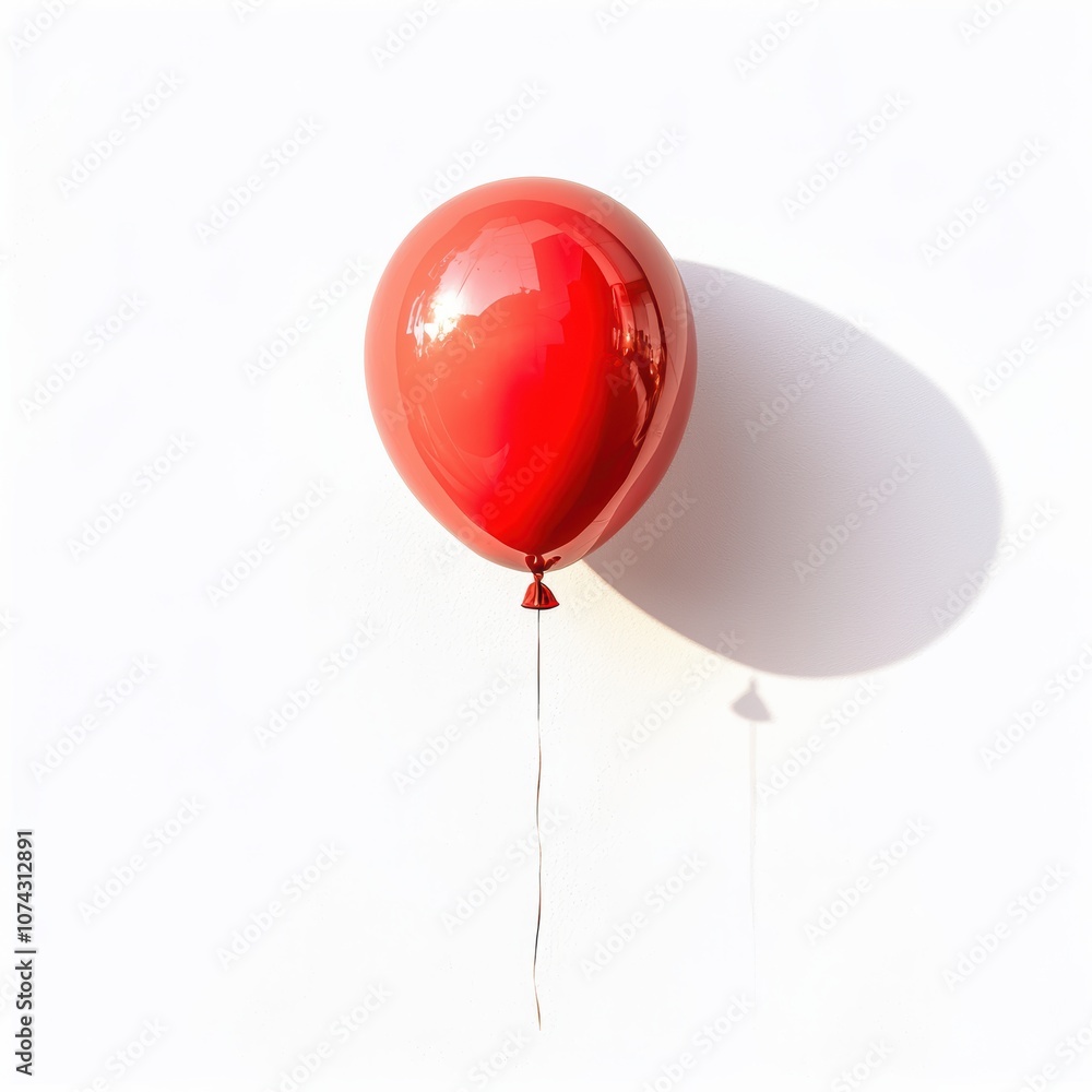 Poster bright red balloon with glossy surface tied to string casting a soft shadow on a white background pe